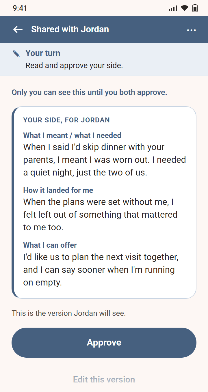 A Conflict Coach session shared with Jordan. Sam reads the version of their side written without blame, in three parts: what I meant, how it landed for me, and what I can offer, above the line "This is the version Jordan will see." and an Approve button.