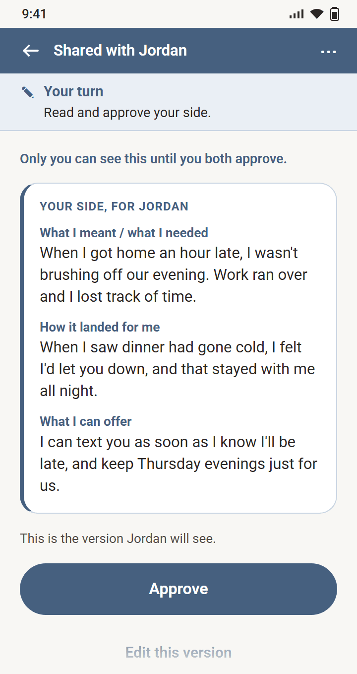 A Conflict Coach session shared with Jordan. Sam reads the version of their side written without blame, in three parts: what I meant, how it landed for me, and what I can offer, above the line "This is the version Jordan will see." and an Approve button.