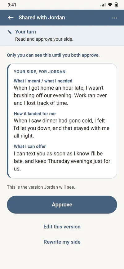 A Conflict Coach session about getting home late. Sam reads the version of their side written without blame, above the line "This is the version Jordan will see." and an Approve button.