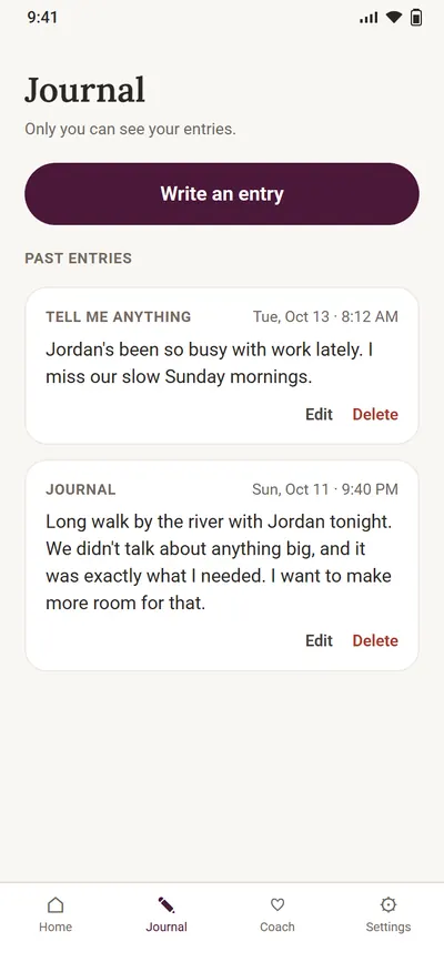 The Journal screen, with the line "Only you can see your entries." and two of Sam's past entries.