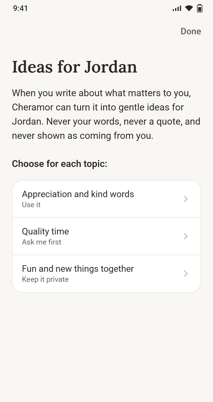 The Ideas for Jordan screen. For each of three topics, Sam picks Use it, Ask me first or Keep it private. Below, a list of topics that are always private and never used for Jordan's ideas.