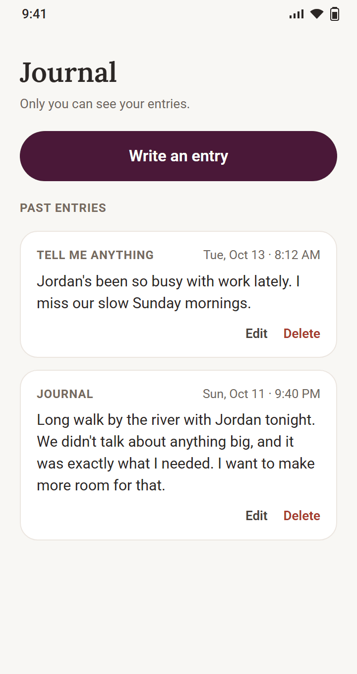 The Journal screen, with the line "Only you can see your entries." and two past entries by Sam: a Tell Me Anything note about missing slow Sunday mornings, and a journal entry about a long walk by the river with Jordan.